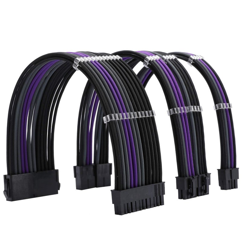 Formulamod Sleeve Extension Power Supply Cable Kit 18AWG ATX 24P+ EPS 8-P+PCI-E8-P with Combs for PSU to Motherboard/GPU Fm-NCK3 (Black Grey Purple) - Image 1